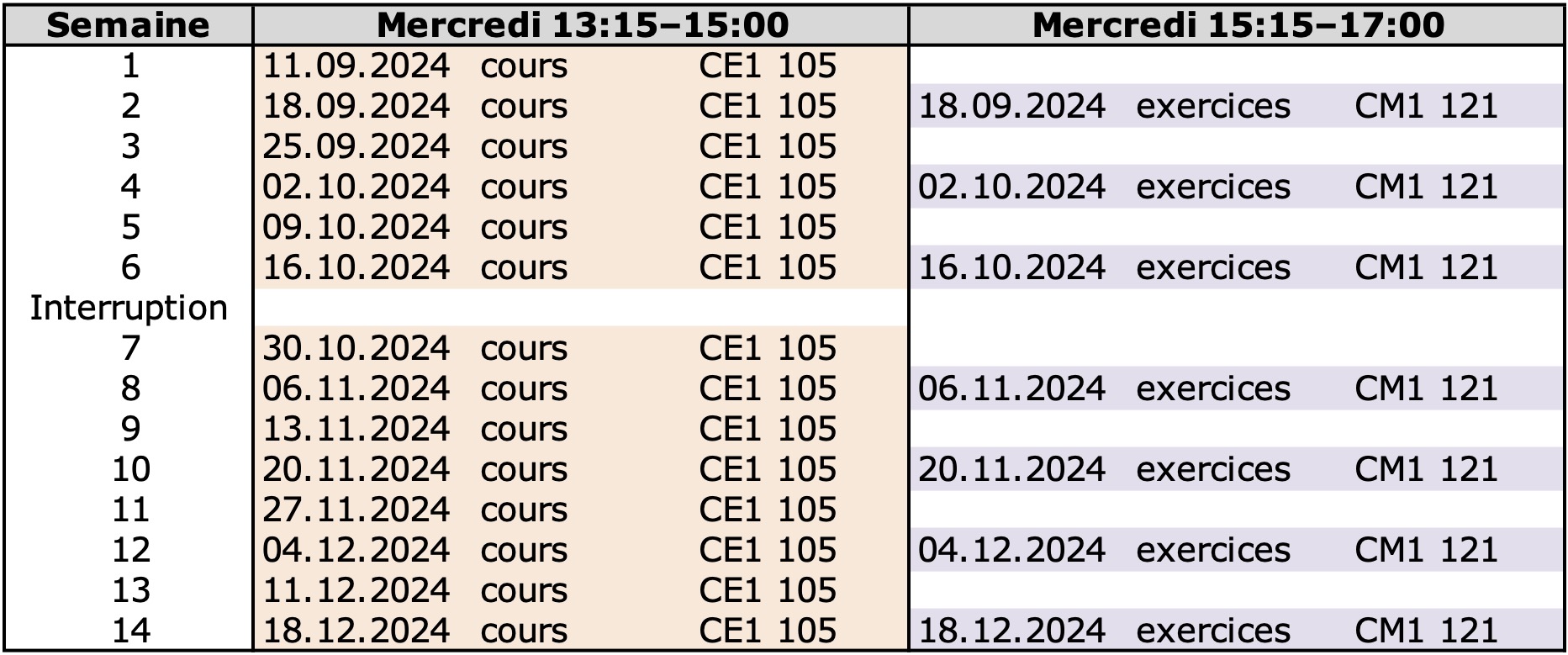 Horaire du semestre d'automne 2024